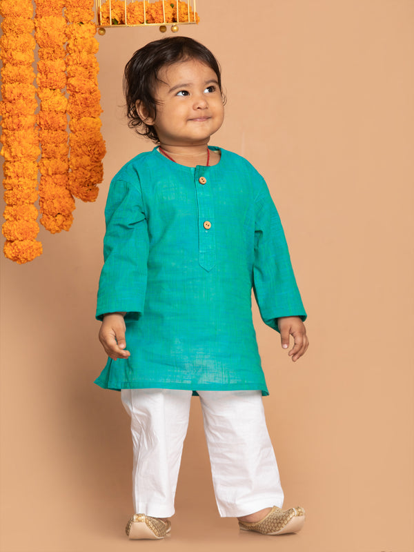 Sishu Boy's' Turquoise Blue Cotton Kurta And White Pyjama Set